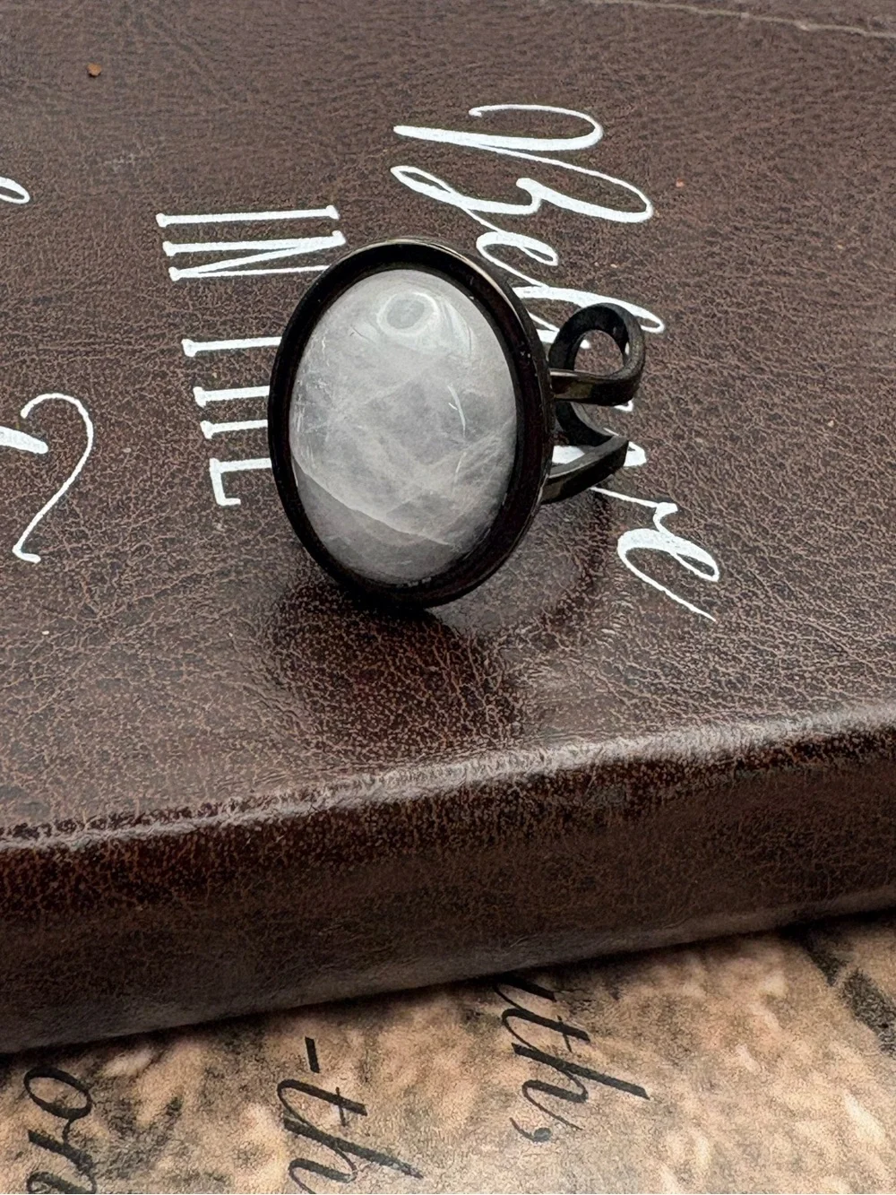 Handmade White Quartz Adjustable Black Statement Ring